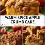 Moist spice crumb cake with apple layers and crunchy streusel topping on a rustic fall table.